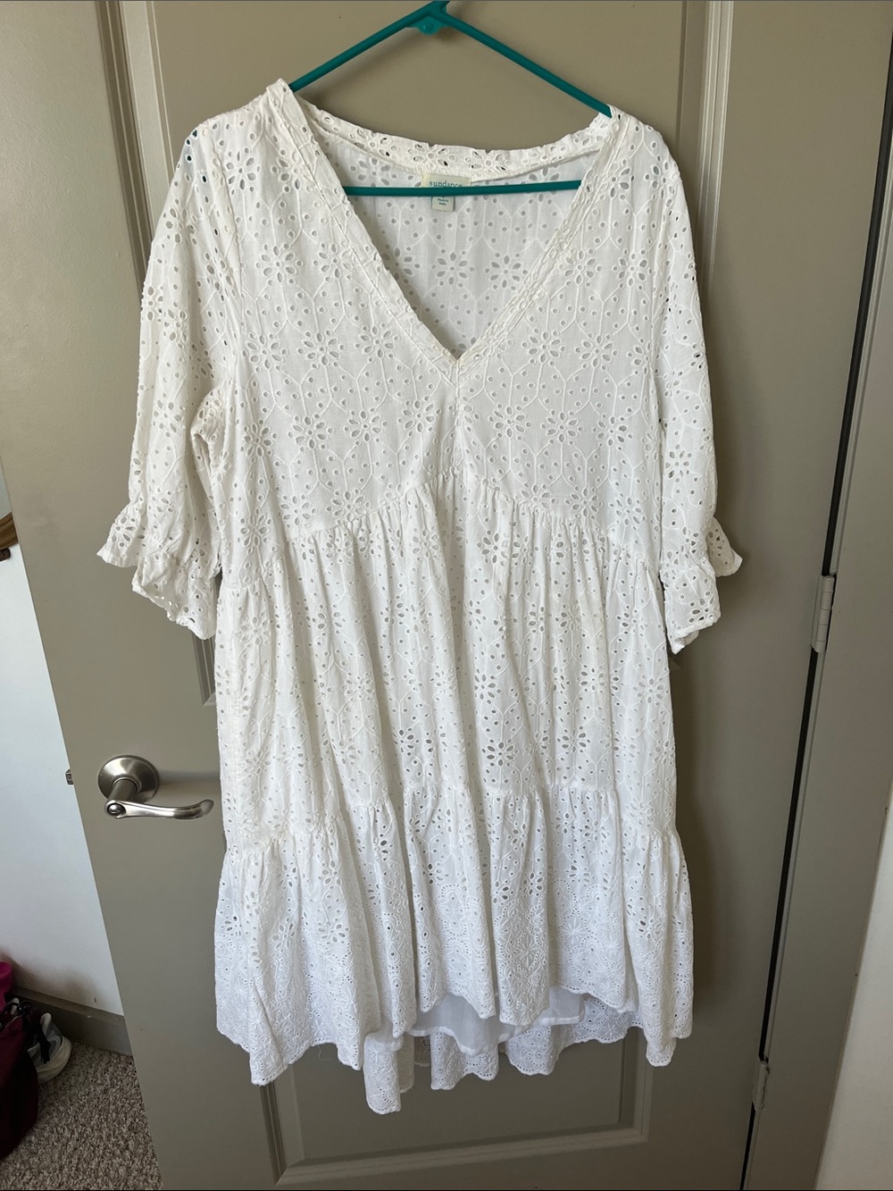 Sundance White Eyelet V‑Neck Tiered Dress